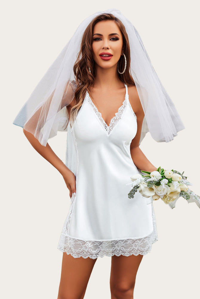 White satin bridal nightgown with lace trim, adjustable straps, and veil. Sexy sleepwear for women.
