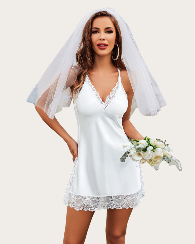 White satin lace wedding sleepwear dress with veil, bridal lingerie