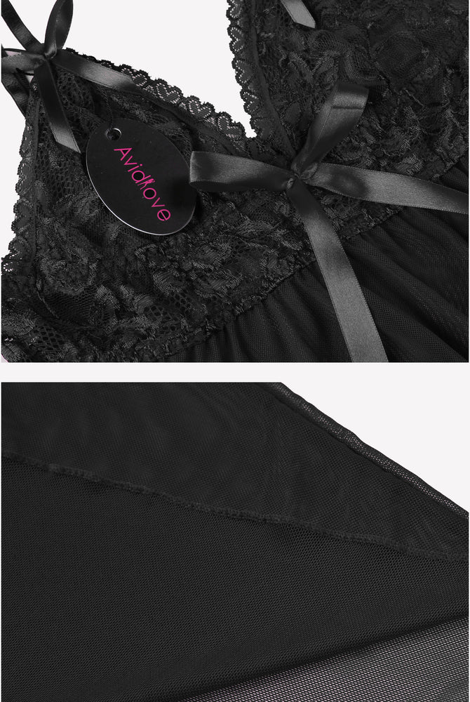 Black lace babydoll lingerie from Avidlove with floral lace and satin bow accents, V-neck design