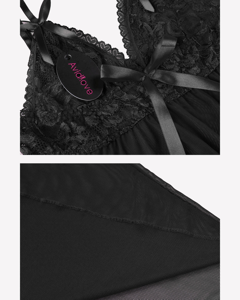 Black lace babydoll lingerie from Avidlove with floral lace and satin bow accents, V-neck design