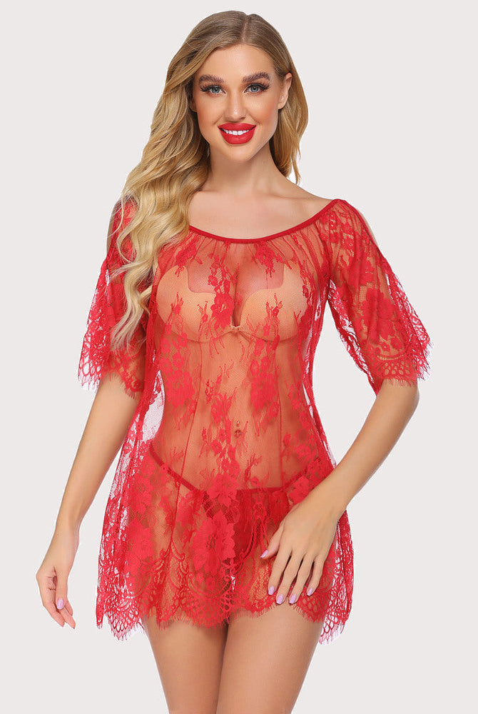 Red lace mini babydoll lingerie, off-shoulder, eyelash lace details, G-string. Sexy lingerie.