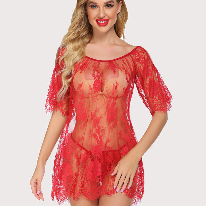 Red lace mini babydoll lingerie, off-shoulder, eyelash lace details, G-string. Sexy lingerie.