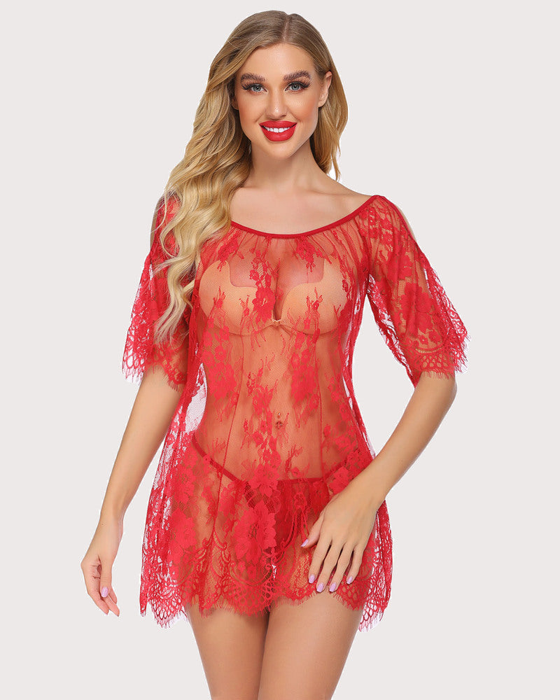 Red lace mini babydoll lingerie, off-shoulder, eyelash lace details, G-string. Sexy lingerie.