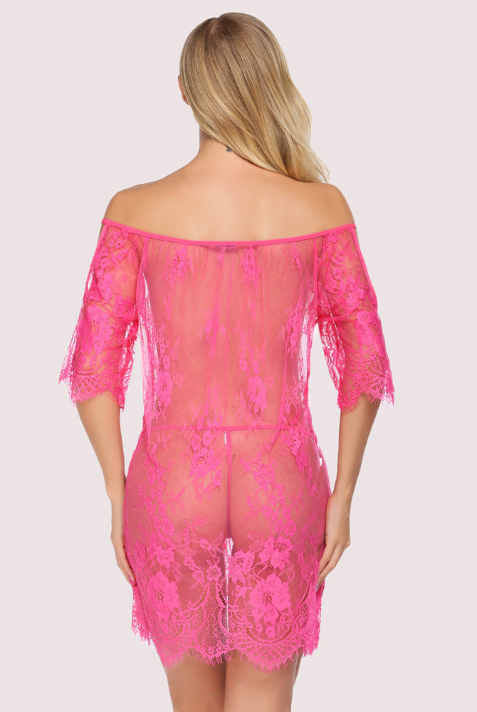 Pink off-shoulder lace mini babydoll lingerie set with floral lace details. Sexy and comfy lingerie.