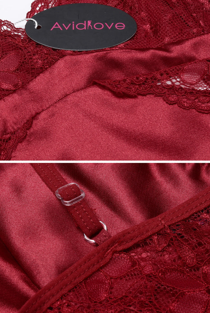 Burgundy satin lace Avidlove pajamas set with adjustable straps and floral trim.