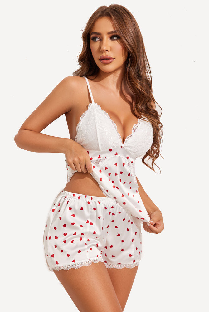 Avidlove white satin shorts pajama set with red heart print and lace trim. Sexy lingerie for women