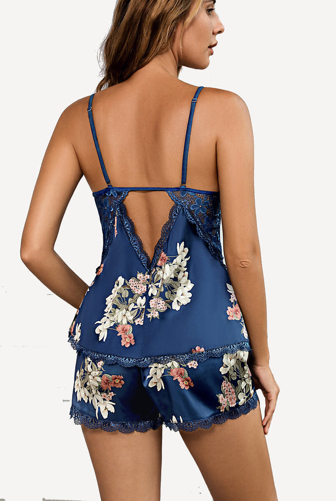 Avidlove Navy satin pajamas set with floral lace trim. Comfortable lingerie with adjustable straps.