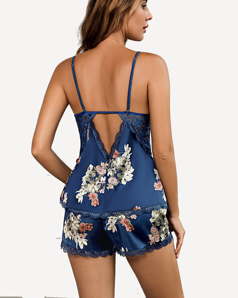 Avidlove Navy blue satin shorts pajama set with floral print and lace trim. Sexy lingerie.