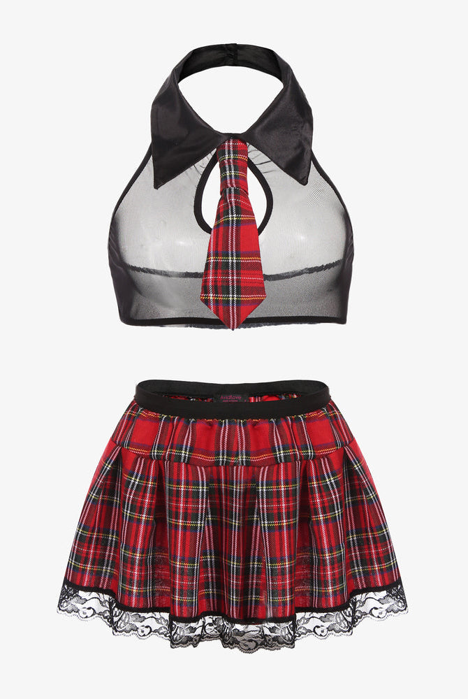 School girl costume lingerie set with red plaid skirt, halter top and lace trim