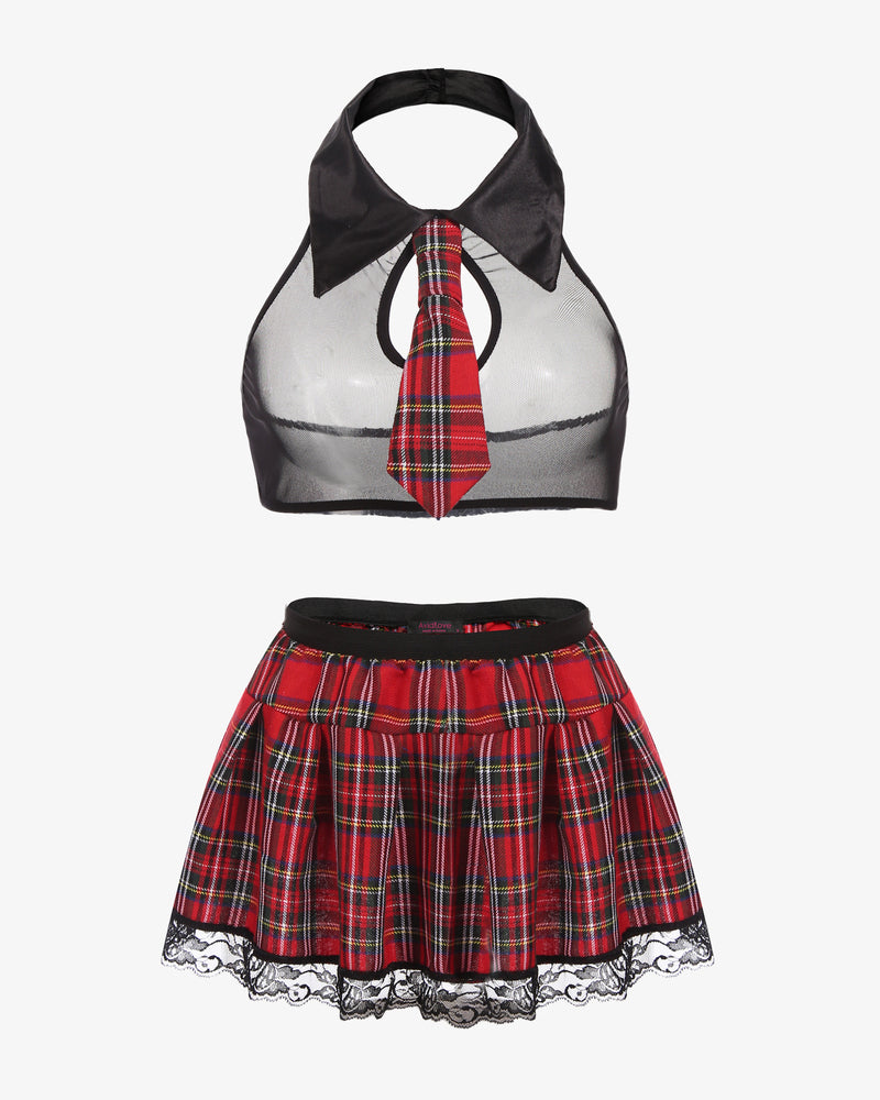School girl costume lingerie set with red plaid skirt, halter top and lace trim