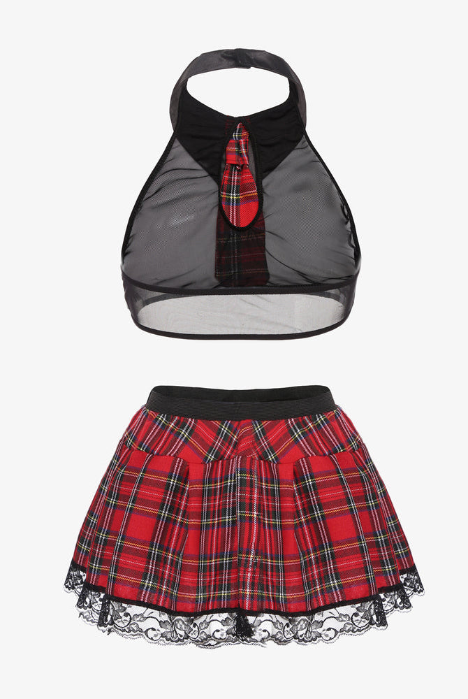 School girl lingerie set, red plaid skirt, black halter top, lace trim, sexy costume