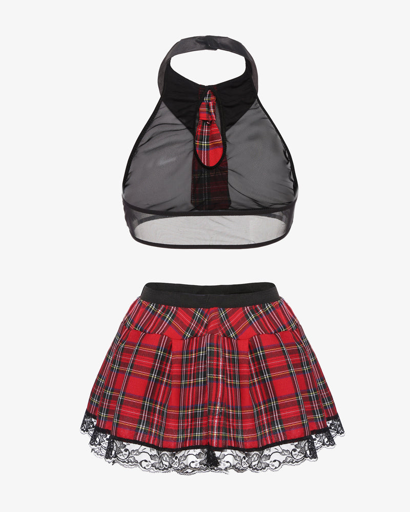 School girl lingerie set, red plaid skirt, black halter top, lace trim, sexy costume