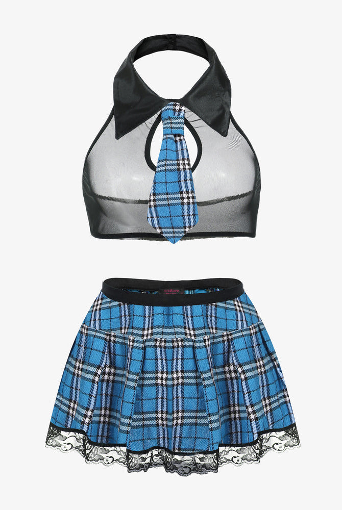 Sexy school girl costume: blue plaid skirt, black halter top with tie, lace trim lingerie set