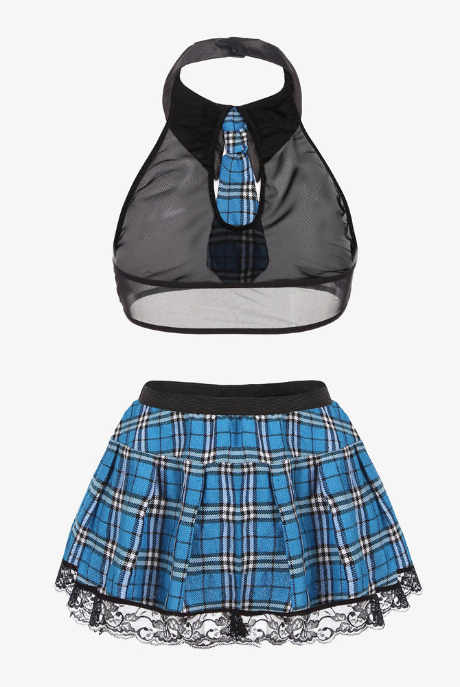 Sexy school girl lingerie set with blue plaid skirt, halter top, and lace trim