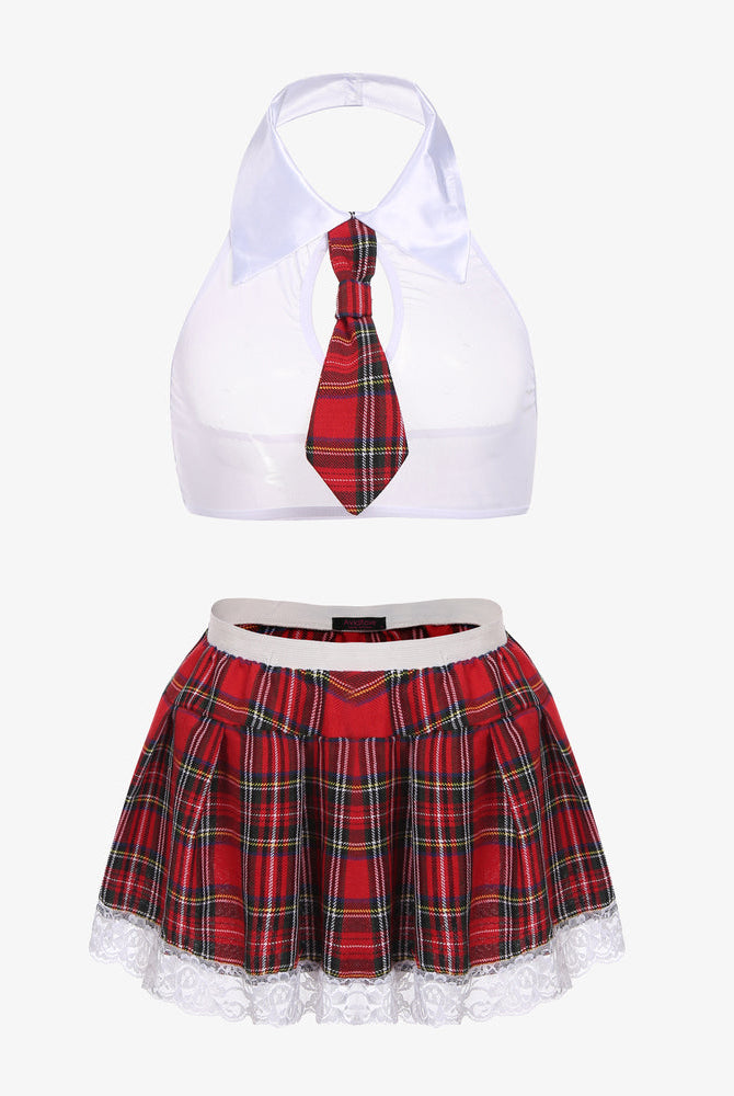 School girl lingerie set: red plaid skirt, white halter top, plaid tie, lace trim, sexy costume