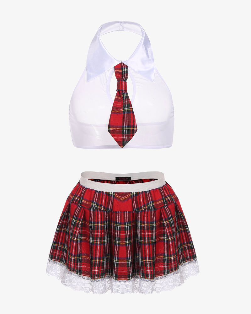 School girl lingerie set: red plaid skirt, white halter top, plaid tie, lace trim, sexy costume
