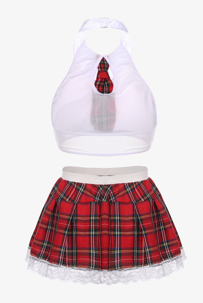 School girl lingerie set: white halter top, red plaid tie detail, red plaid skirt with lace trim