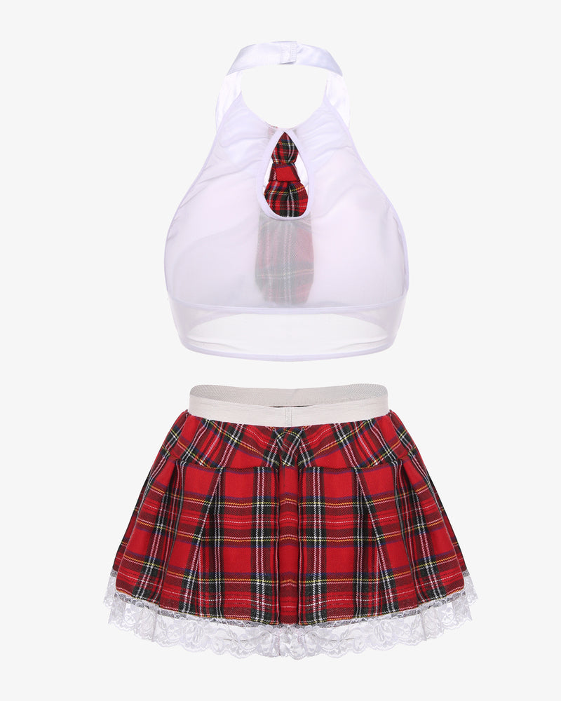 School girl lingerie set: white halter top, red plaid tie detail, red plaid skirt with lace trim
