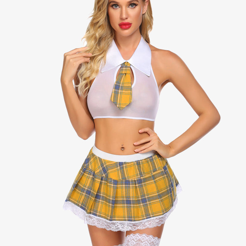 Sexy school girl lingerie set with yellow plaid skirt, halter top, and lace trim; Avidlove