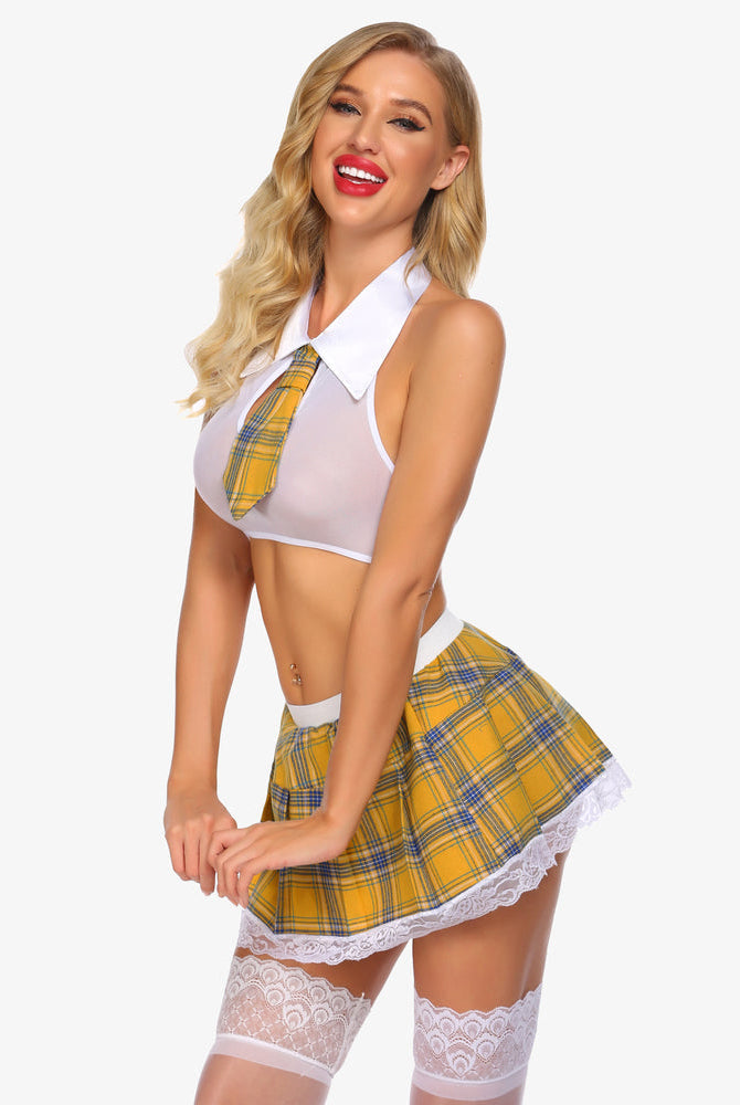Sexy school girl costume in yellow plaid skirt and halter top lingerie set