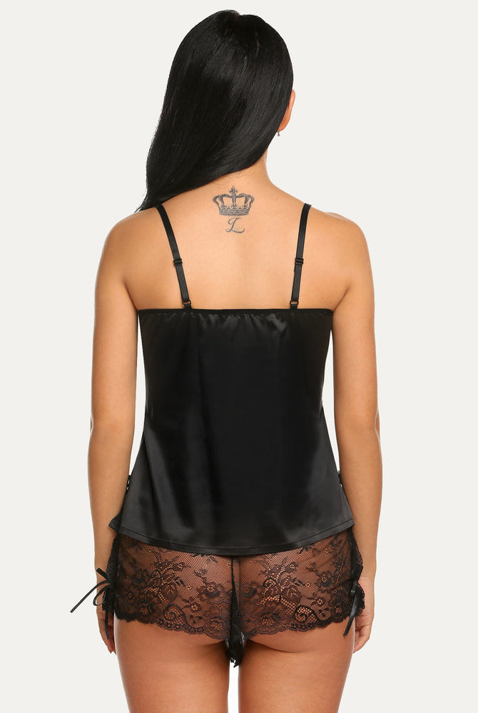 Black satin cami and shorts set with lace detail, bow ties, Avidlove lingerie, sexy and comfortable.