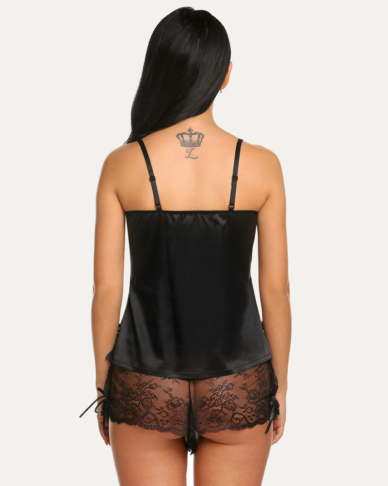 Black satin cami and shorts set with lace detail, bow ties, Avidlove lingerie, sexy and comfortable.
