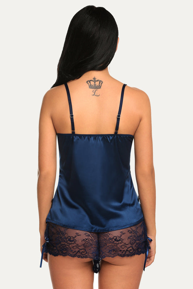 Navy blue satin cami shorts set with lace detail; confident Avidlove lingerie