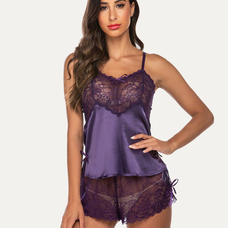 Purple Avidlove satin cami and shorts set with lace detail. Sexy and confident lingerie for women.