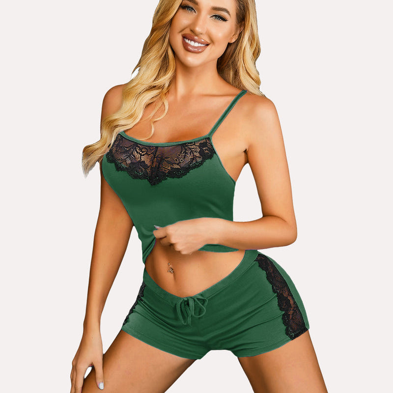 Green Avidlove pajama set with black lace trim; sexy lingerie for women