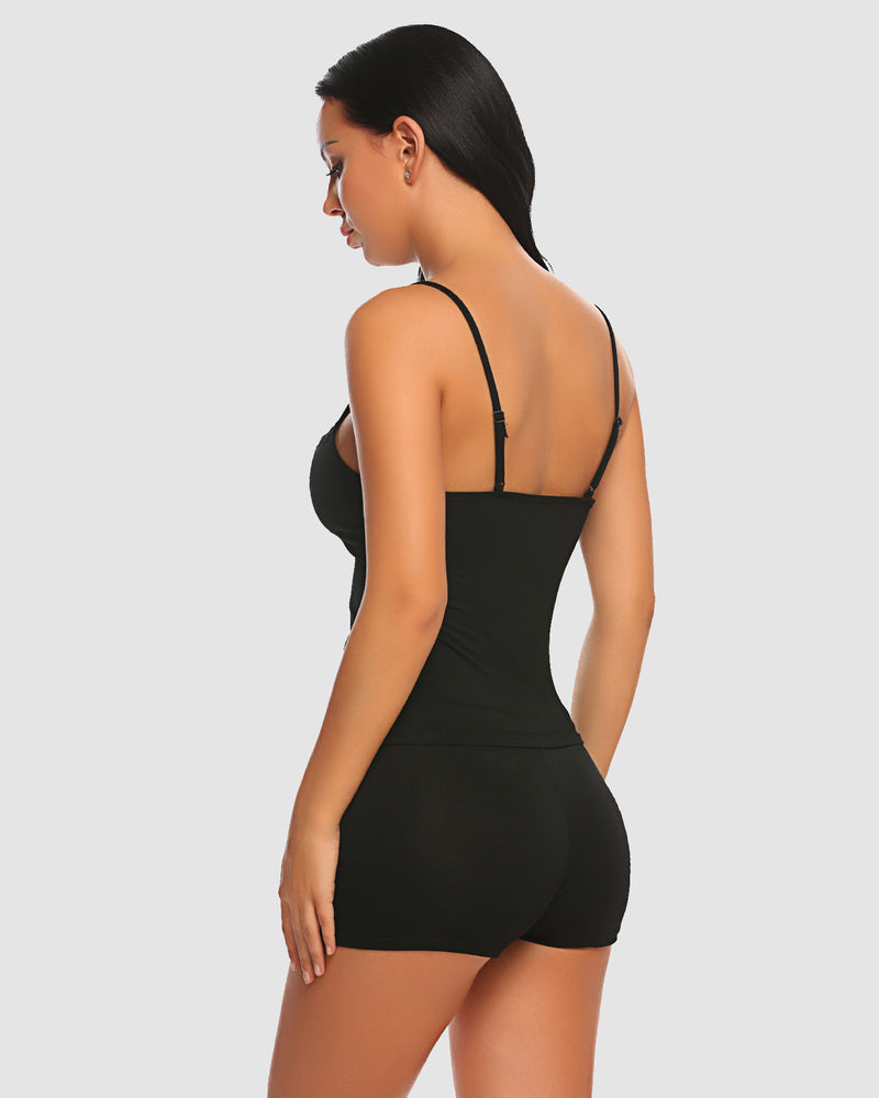 Black pajama shorts set. Sexy and comfortable sleepwear with adjustable straps for women.