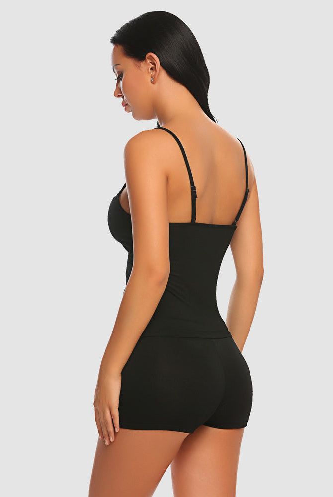 Black pajama set with adjustable straps. Comfortable and sexy Avidlove lingerie.