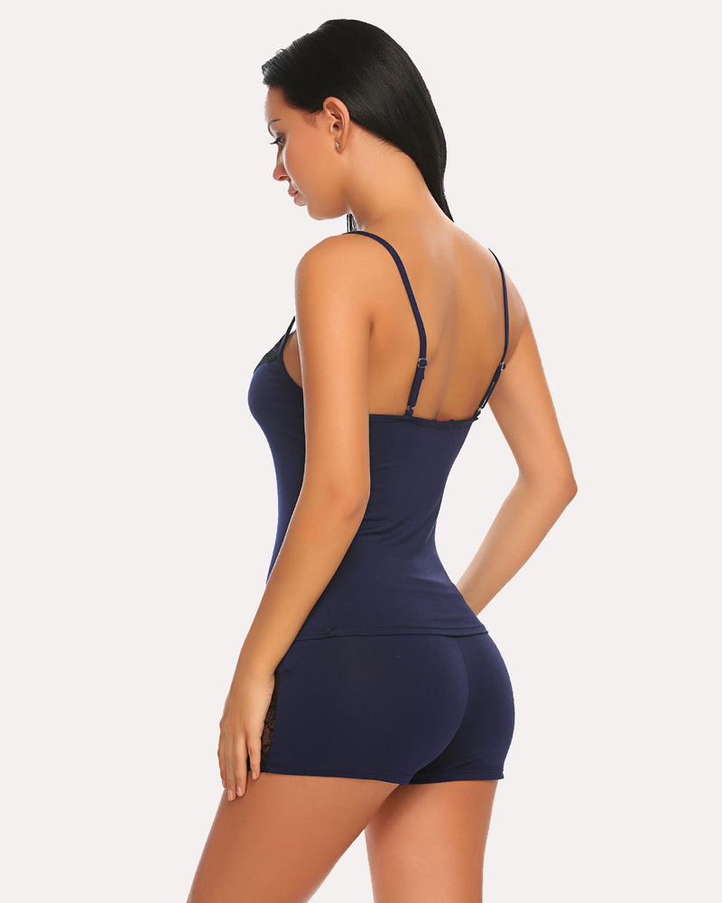 Navy blue Avidlove pajama set with black lace trim. Sexy lingerie with adjustable straps for women.