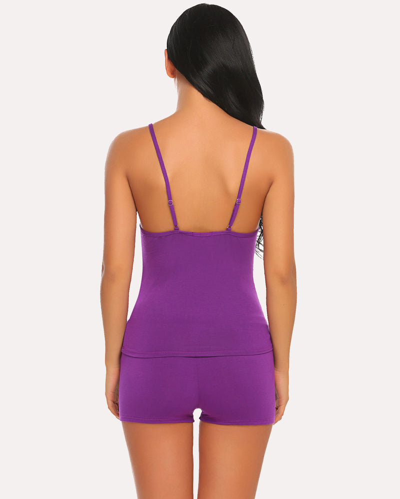 Purple pajama shorts set with adjustable straps. Comfortable and sexy sleepwear for women.