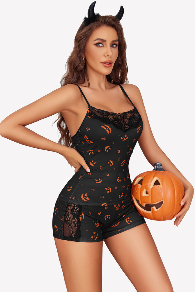 Halloween pajama set with jack-o'-lantern print, black lace trim, Avidlove lingerie.