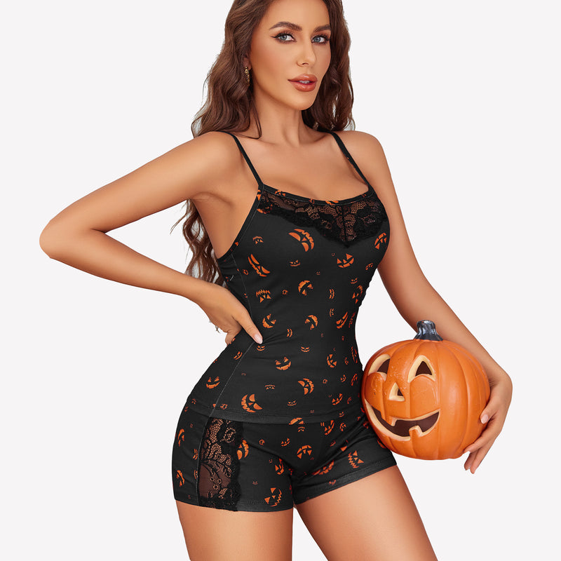 Halloween pajama set with jack-o'-lantern print, black lace trim, Avidlove lingerie.