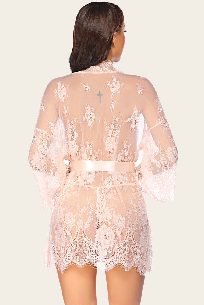 Blush lace kimono robe set, sheer butterfly sleeve cover-up with satin belt, elegant lingerie.