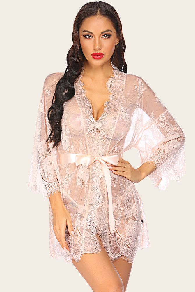 Pink lace kimono robe set with butterfly sleeves and satin belt for a sexy cover-up.