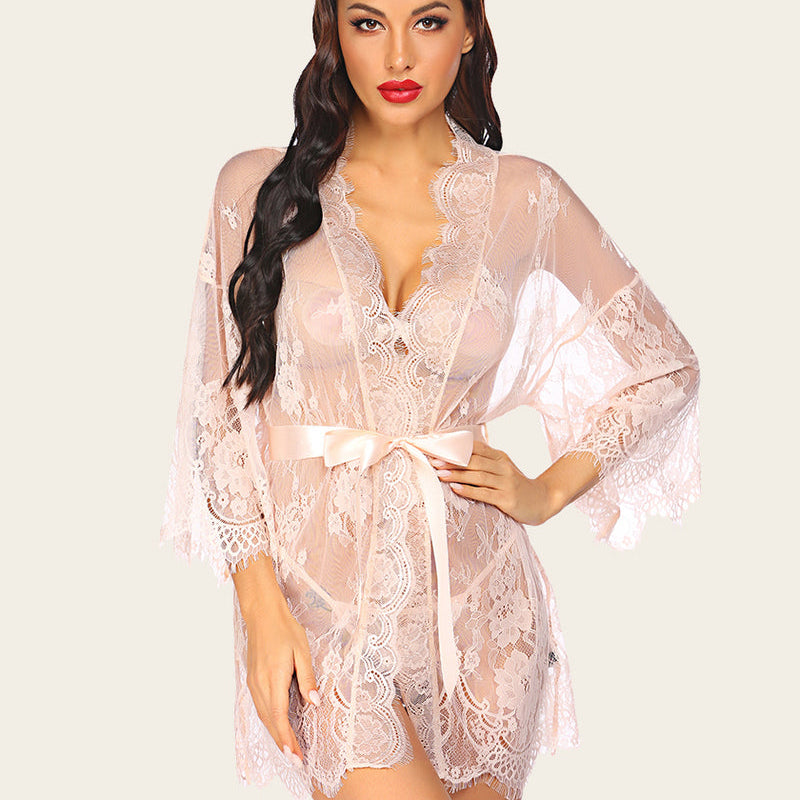 Pink lace kimono robe set with butterfly sleeves and satin belt for a sexy cover-up.