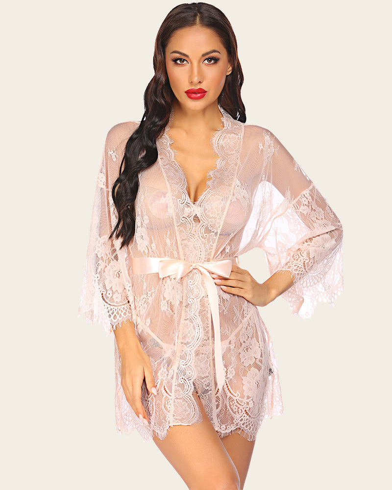 Pink lace kimono robe set with butterfly sleeves and satin belt for a sexy cover-up.