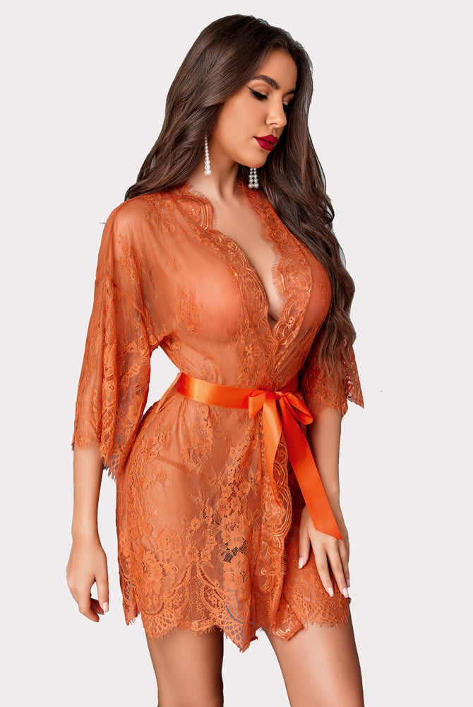 Orange lace kimono mesh robe with butterfly sleeves, satin belt, and lingerie set. Elegant cover-up.