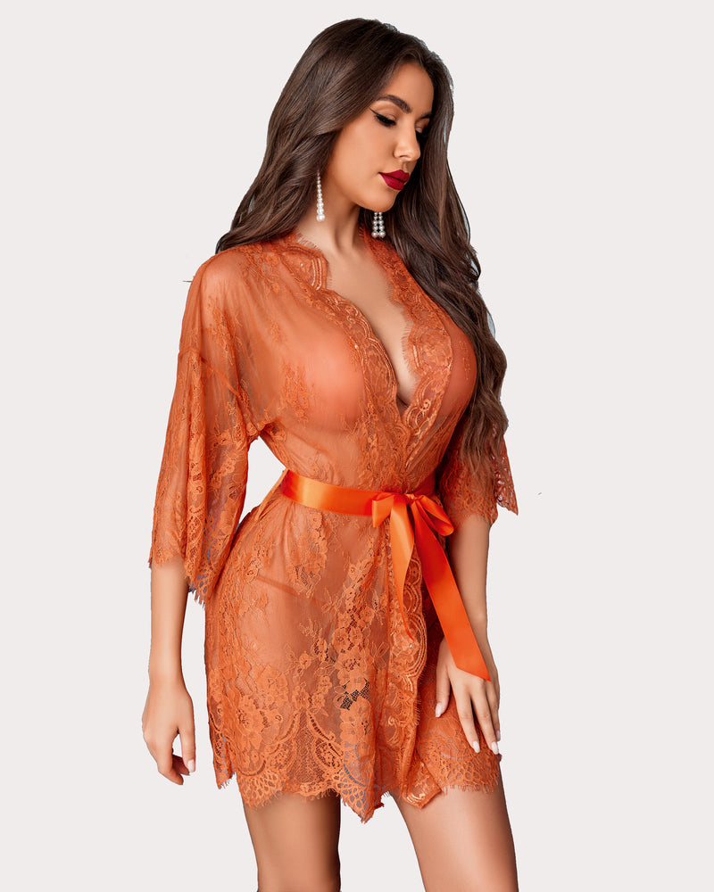Orange lace kimono mesh robe with butterfly sleeves, satin belt, and lingerie set. Elegant cover-up.