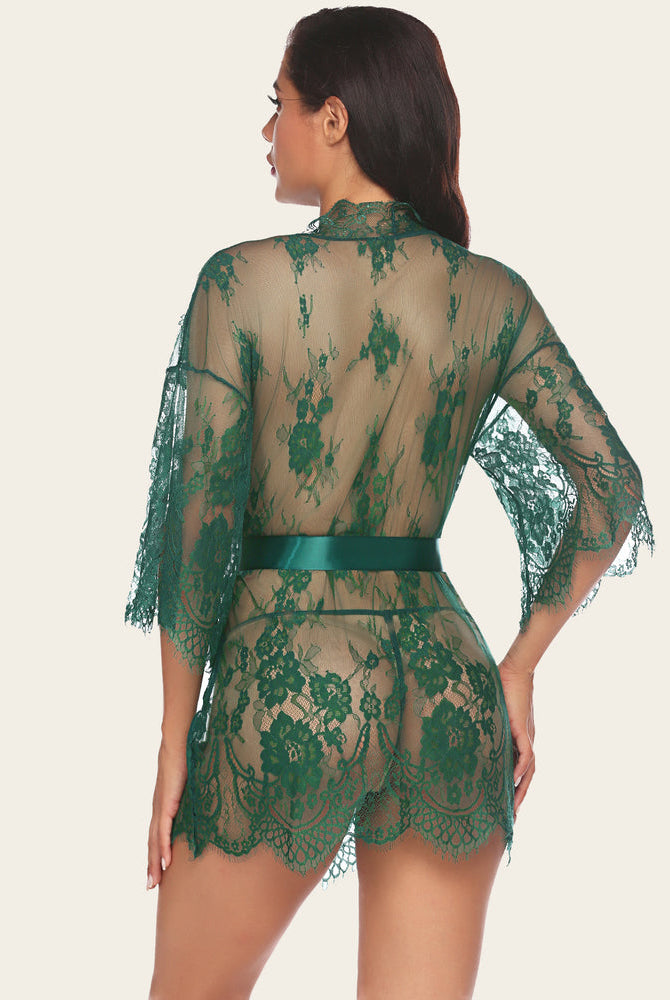Emerald green lace kimono robe with butterfly sleeves, satin belt, perfect lingerie cover-up