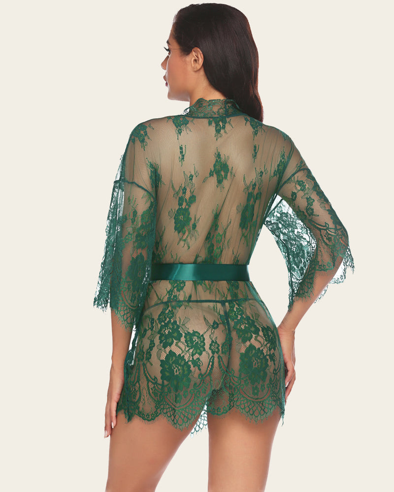 Emerald green lace kimono robe with butterfly sleeves, satin belt, perfect lingerie cover-up