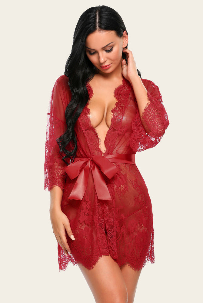 Ruby red lace kimono robe with butterfly sleeves, satin belt, perfect for sexy cover-up lingerie