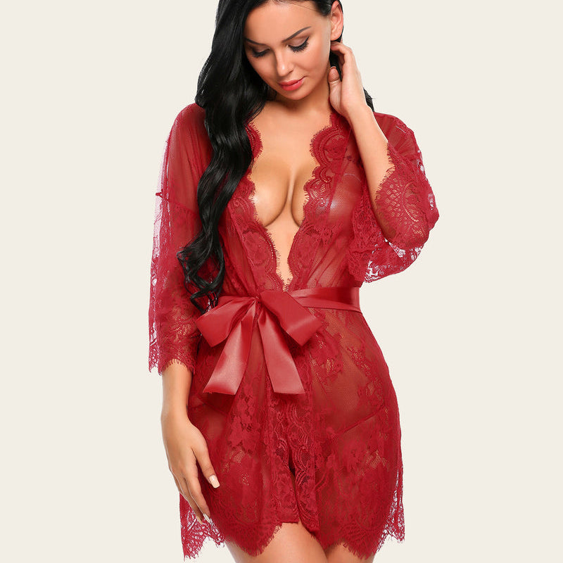 Ruby red lace kimono robe with butterfly sleeves, satin belt, perfect for sexy cover-up lingerie