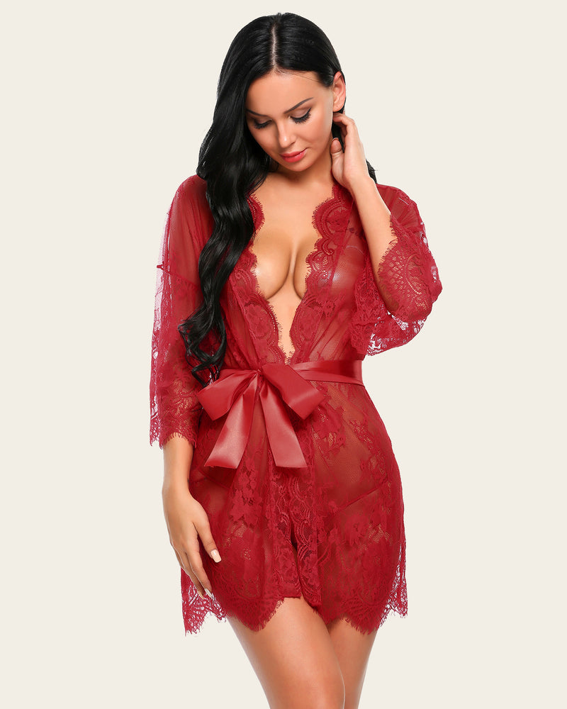 Ruby red lace kimono robe with butterfly sleeves, satin belt, perfect for sexy cover-up lingerie