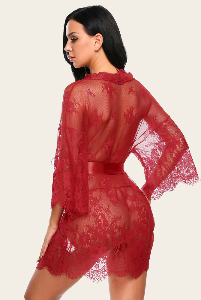Ruby red lace kimono robe with butterfly sleeves and satin belt for lingerie cover-up