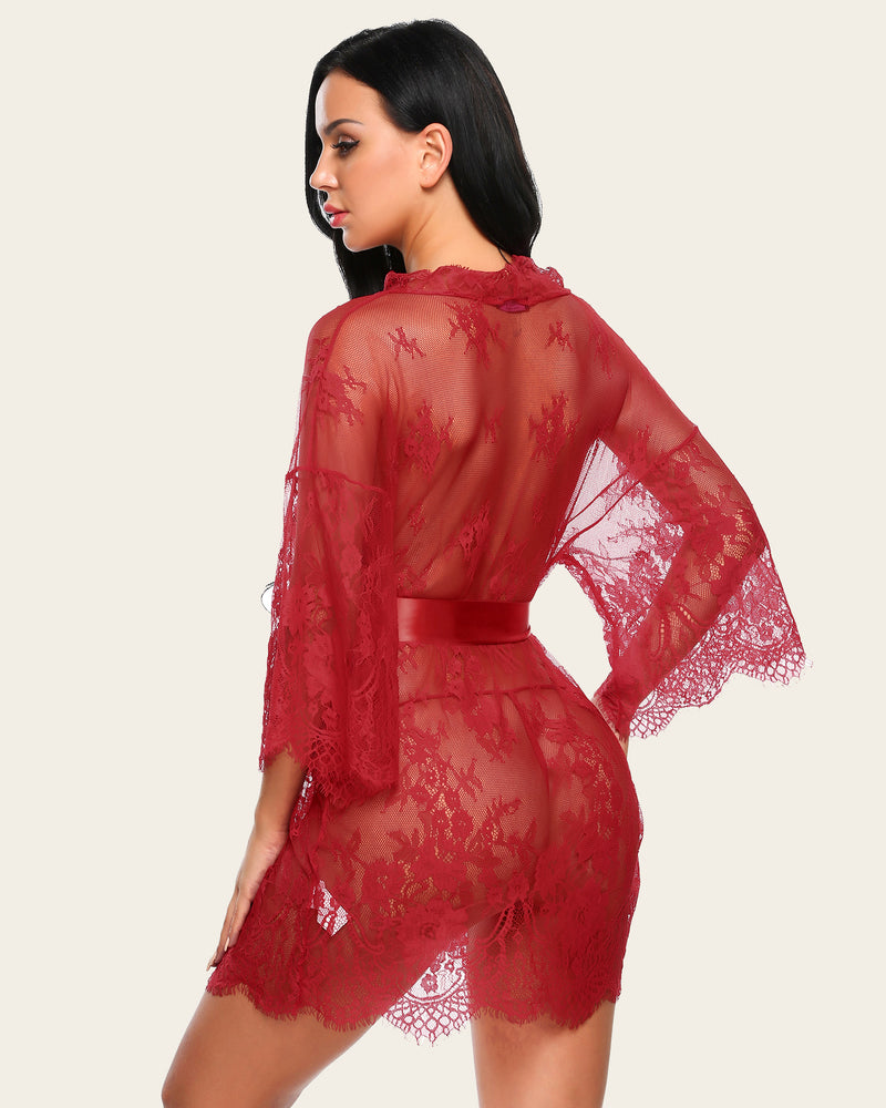Ruby red lace kimono robe with butterfly sleeves and satin belt for lingerie cover-up