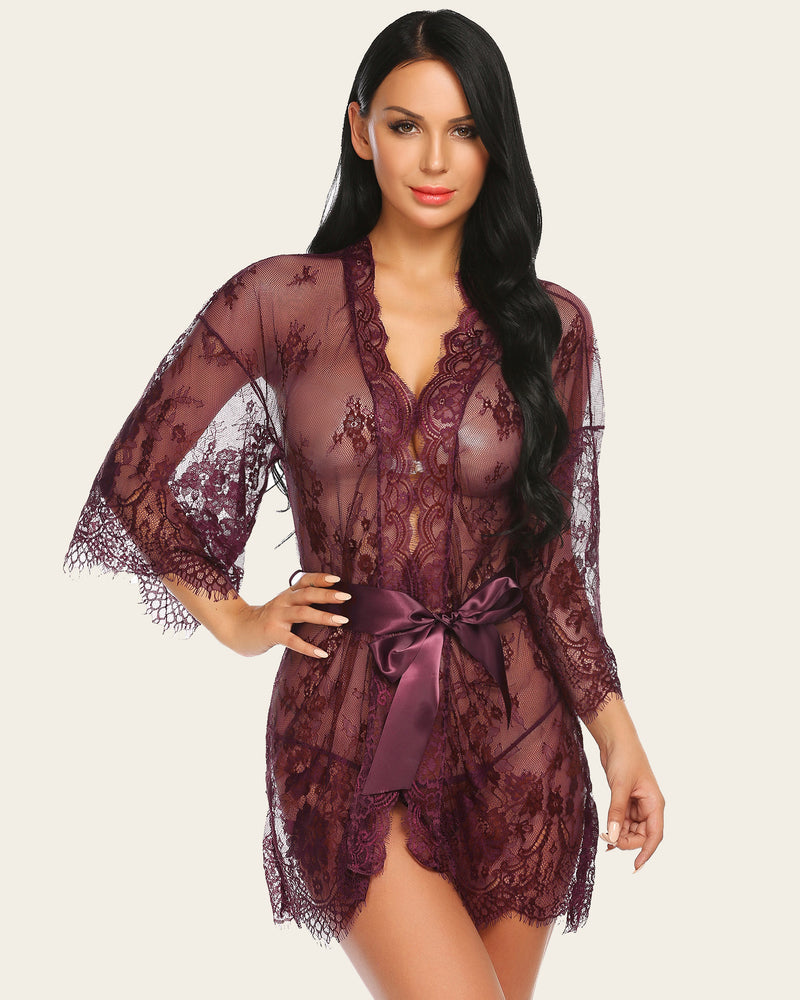 Burgundy lace kimono robe set with butterfly sleeves and satin belt cover-up lingerie