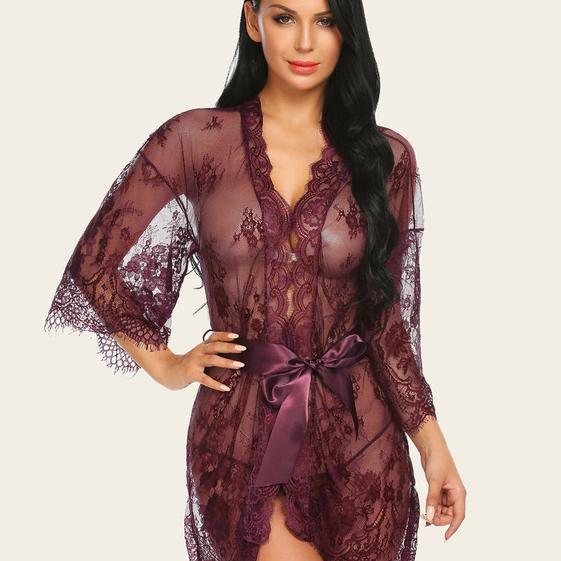 Avidlove plum lace mesh kimono robe with butterfly sleeves and satin belt, elegant lingerie